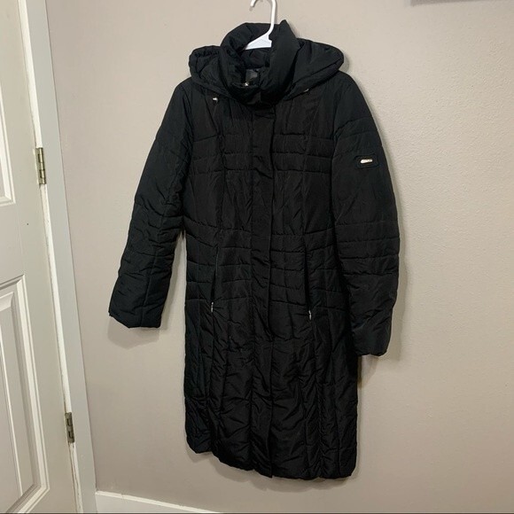 Calvin Klein black long midi hooded puffer coat women's size XS
